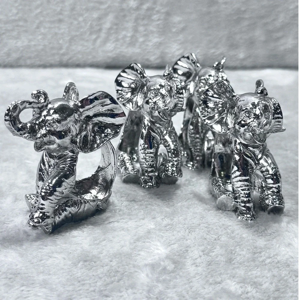 Silver Elephant Napkin Rings Set 4‎ Heavy Cast Metal Safari Boho Table Decor